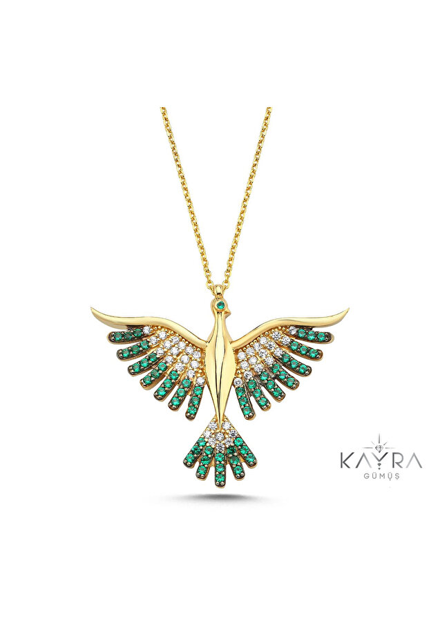 Kayra Mücevher Yeşil Taşlı Anka Kuşu Altın Kaplama Kolye Gm89