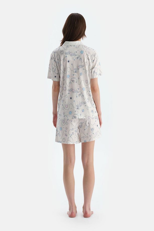 Ekru Metraj Baskılı Penye Modal Gömlek Şort Pijama Takımı - 2