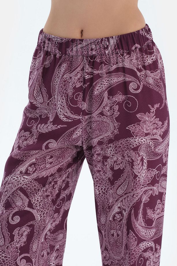 Mürdüm Şal Desenli Dokuma Pantolon - 6