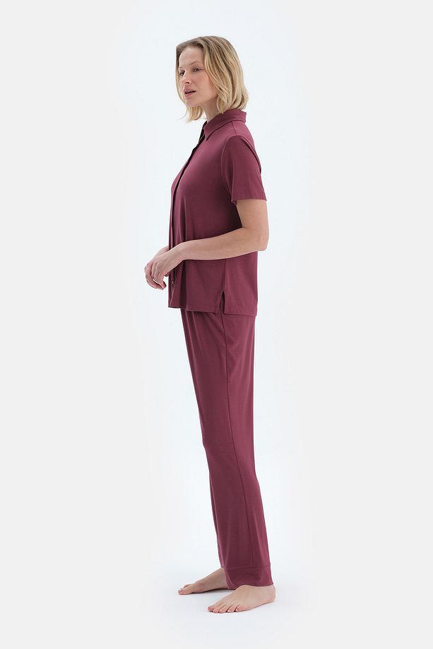 Bordo Basıc Gömlek Pantolon Pijama Takımı - 3