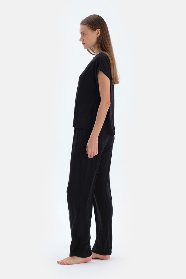 Siyah Basıc Kısa Kollu Tişört Pantolon Pijama Takımı - 3