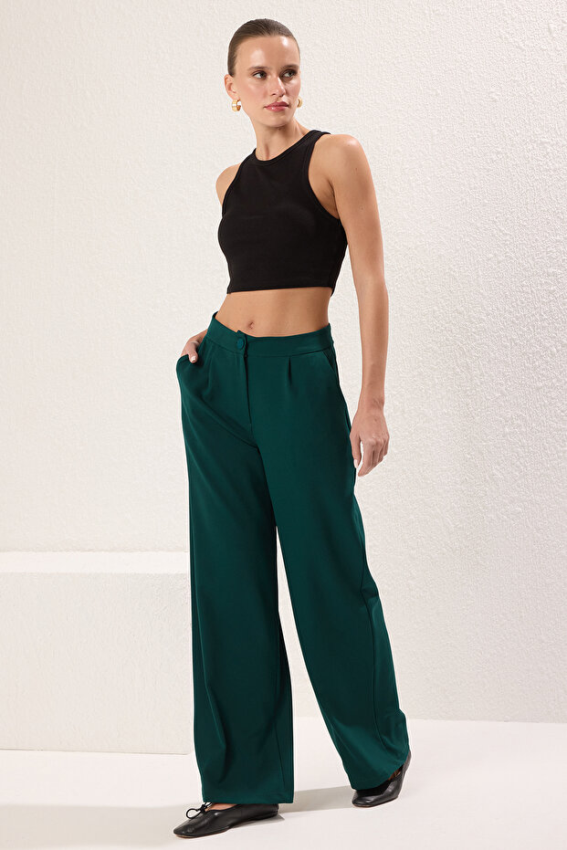 Yeşil Wide Leg/Geniş Paça Pilili Dokuma Kumaş Pantolon TWOSS21PL0189 - 1