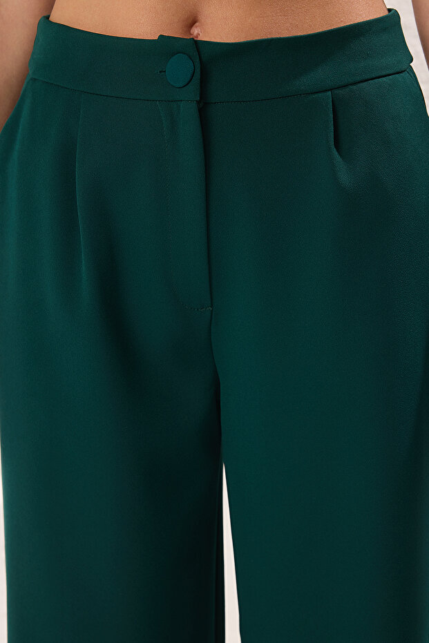 Yeşil Wide Leg/Geniş Paça Pilili Dokuma Kumaş Pantolon TWOSS21PL0189 - 3