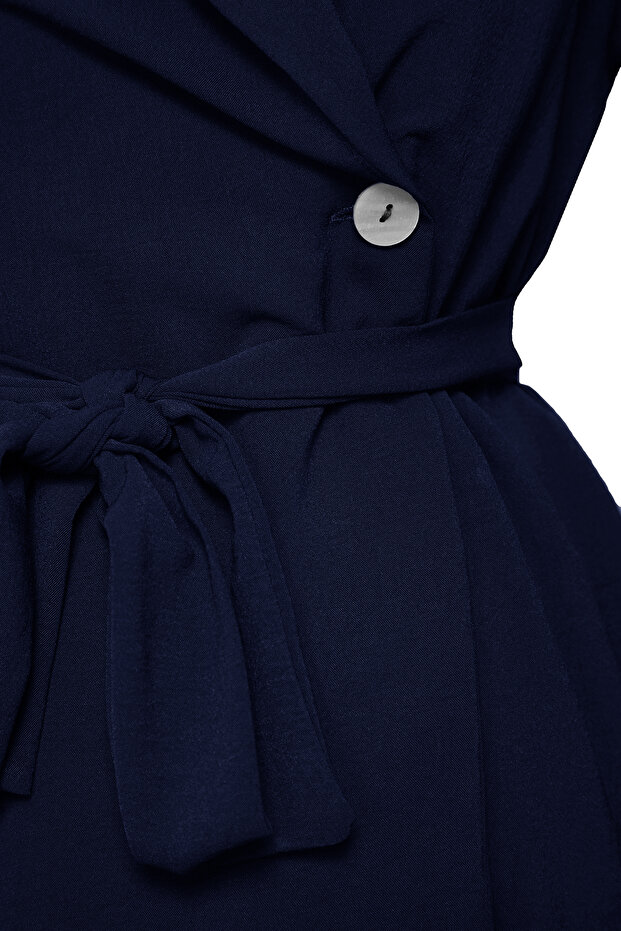 Lacivert Kuşaklı Kruvaze Dökümlü Kumaş Blazer Pantolon Dokuma Alt-Üst Takım TCTSS25US00001 - 7