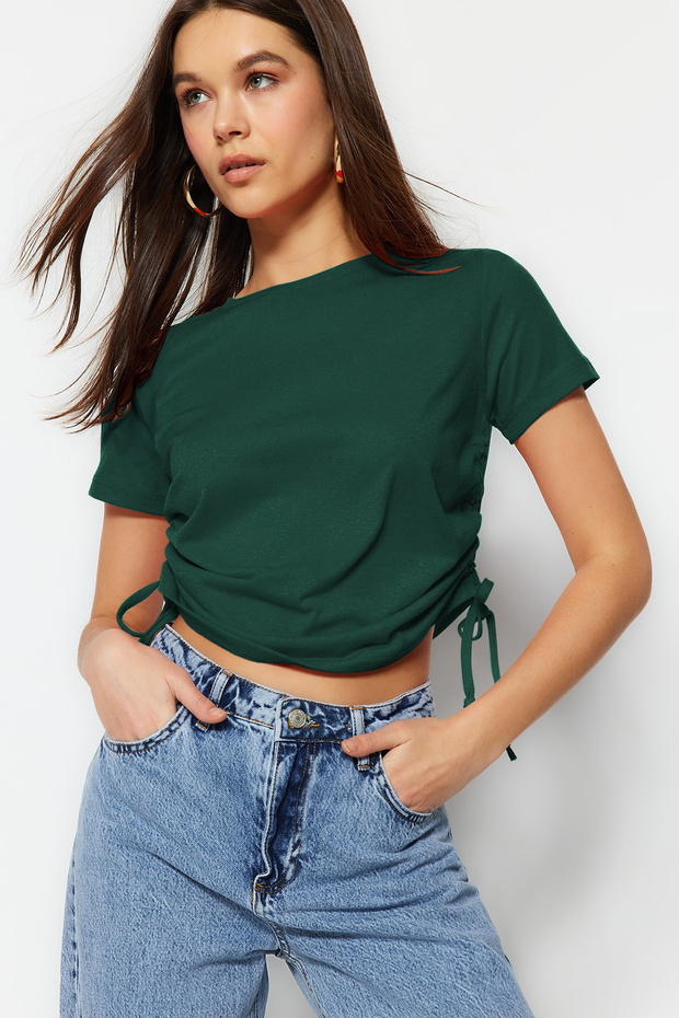 Zümrüt Yeşili Büzgü Detaylı Basic Bisiklet Yaka Örme T-Shirt TWOSS21TS0131 - 2