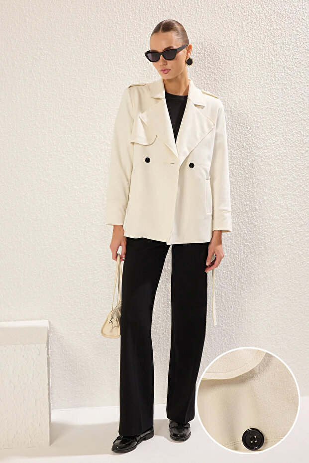 Ekru Kruvaze Süet Oversize Midi Trençkot TWOSS25TR00001 - 1
