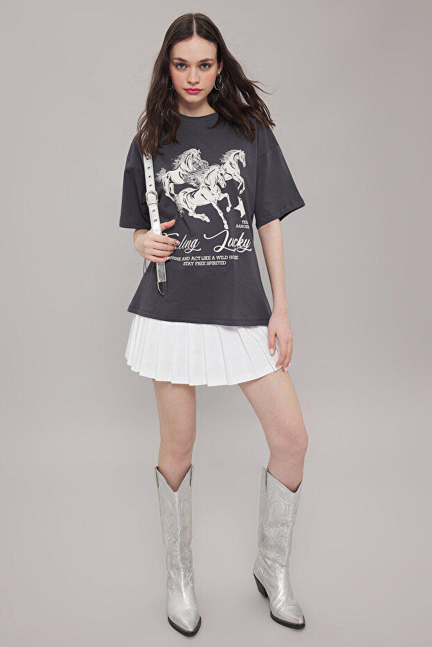 Antrasit %100 Pamuk Oversize/Geniş Kalıp Baskılı Örme T-Shirt TWOSS25TS00075 - 2
