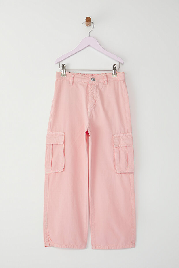 Pembe Kız Çocuk %100 Pamuk Cep Detaylı Wide Leg Lastikli Dokuma Pantolon TKDSS25PL00004 - 4