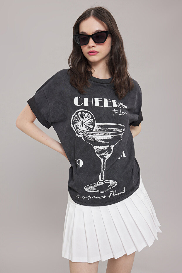 Antrasit Kalın Pamuklu Yıkamalı Baskılı Oversize/Geniş Kalıp Örme T-shirt TWOSS25TS00103 - 2