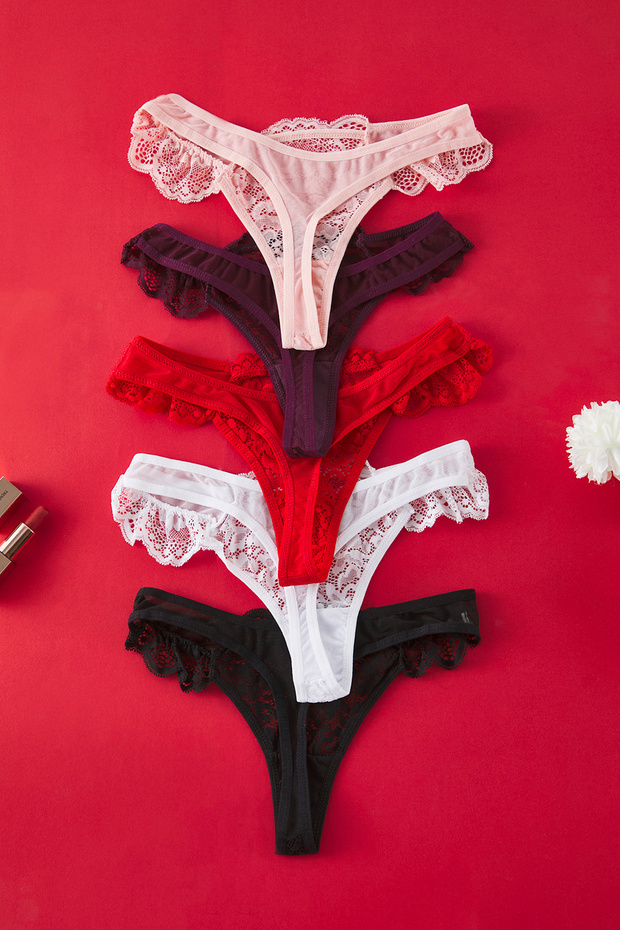 Çok Renkli 5'li Paket Tül Dantel Detaylı Tanga Örme Külot THMSS25KU00037 - 4