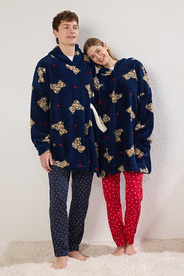 Unisex Couple/Çift Lacivert-Çok Renkli Ayıcıklı Kalpli Wellsoft Kışlık Örme Sabahlık THMAW25SB00014