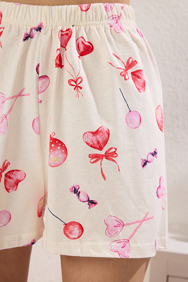 Ekru %100 Pamuklu Kalpli Şortlu Örme Pijama Takımı THMSS25PT00364 - 3