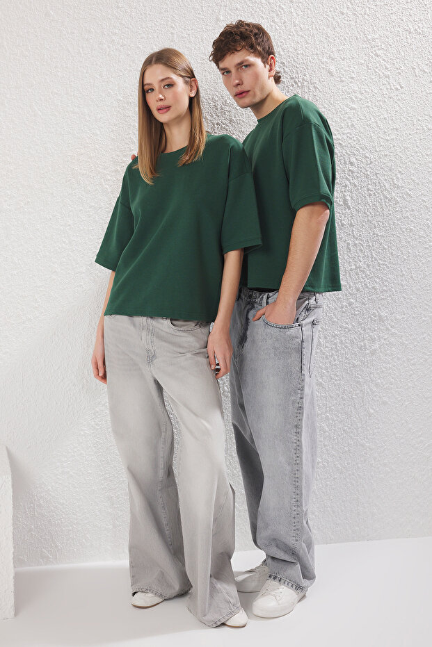 Koyu Yeşil Boxy/Kare Kesim Kalın T-Shirt TMNSS25TS00080 - 1