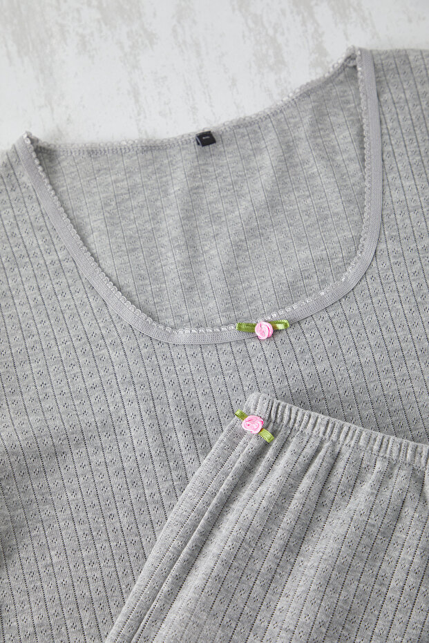 Gri Pointel Ajurlu/Delikli Örme Pijama Takımı TBBSS25AI00049 - 8