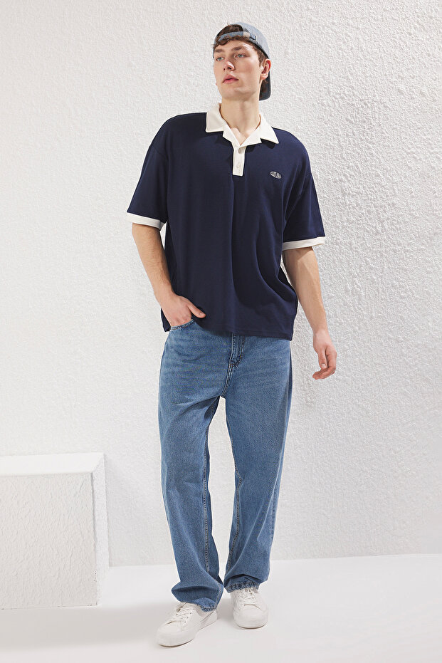 Lacivert Oversize/Geniş Kesim Nakış Detaylı Polo Yaka T-shirt TMNSS25PO00013 - 2