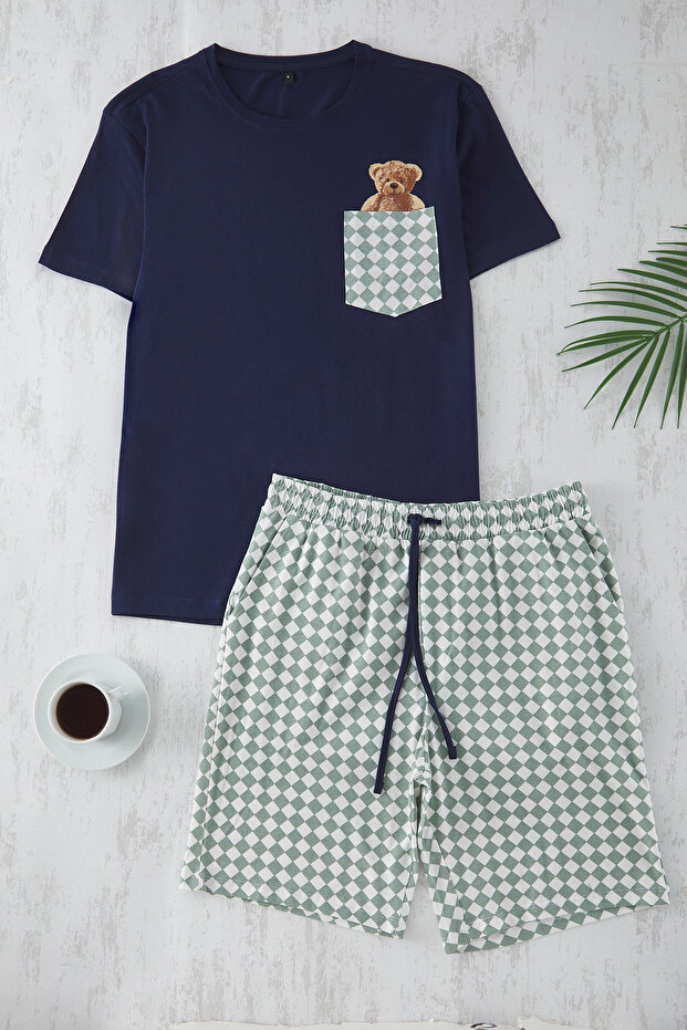 Lacivert Regular Ekose Couple/Çift Örme Şortlu Erkek Pijama Takımı TMNSS25PT00058 - 3