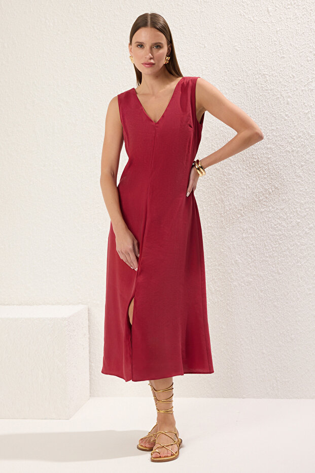 Bordo Düz Kesim Midi Dokuma Elbise TWOSS25EL00288 - 2