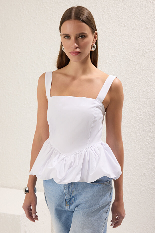 Beyaz Balon Etek Askılı Dokuma Bluz TWOSS25BZ00354 - 1