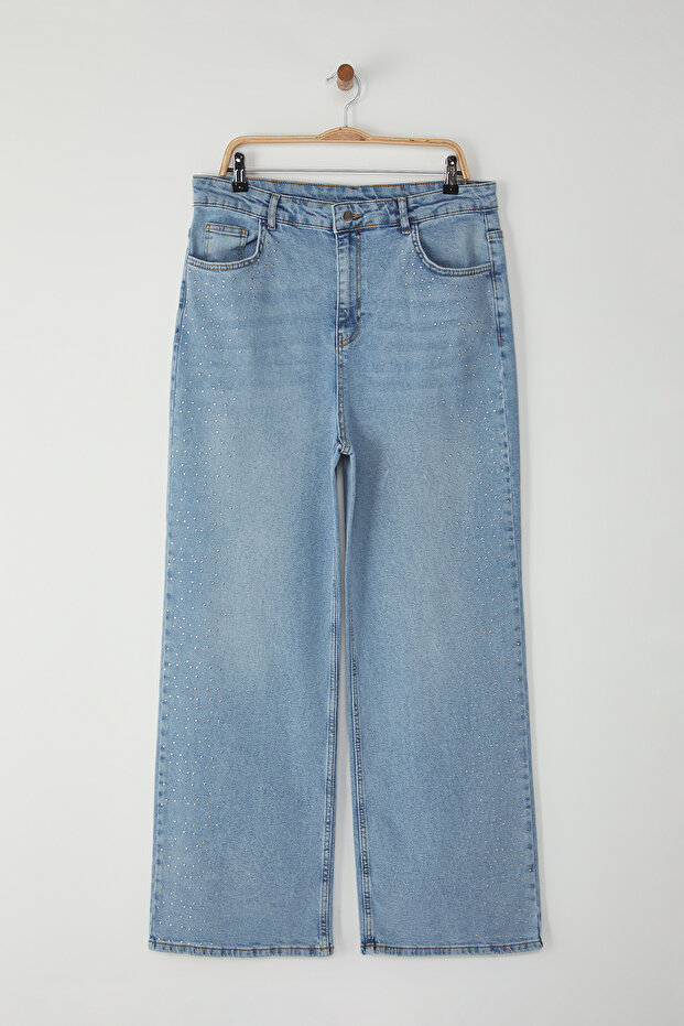 Buz Mavisi Yüksek Bel Troklu Geniş Paça Comfort/Orta Esnek Büyük Beden Wide Leg Jeans TBBSS25CJ00014 - 5
