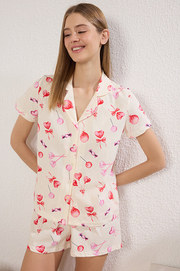 Ekru %100 Pamuklu Kalpli Şortlu Örme Pijama Takımı THMSS25PT00364 - 2