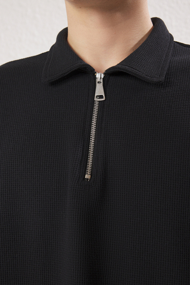 Siyah Oversize/Geniş Kesim Dokulu Fermuarlı Polo Yaka T-shirt - 3
