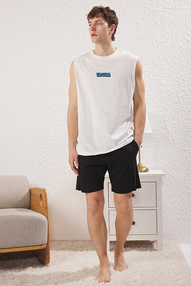 Ekru Siyah Oversize Atlet Şort Örme Pijama Takımı TMNSS25PT00022 - 1