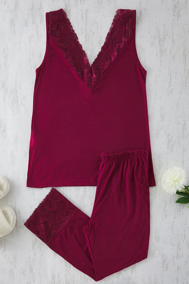 Bordo V Yaka Dantelli Örme Pijama Takımı TBBSS25AI00111 - 2