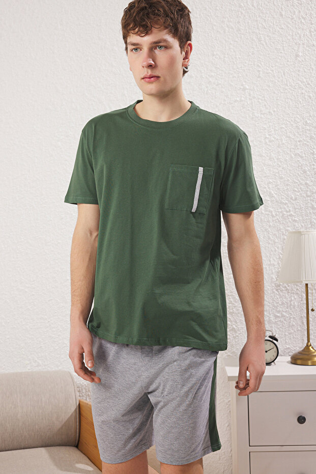 Yeşil Regular Fit Panelli Örme Şortlu Pijama Takımı TMNSS25PT00035 - 2