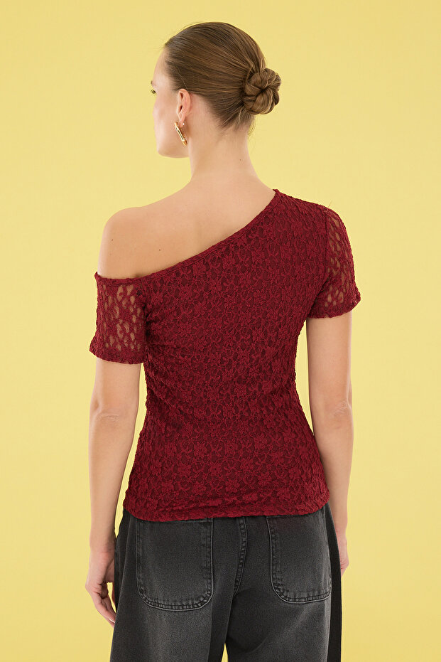 Bordo Dantel Fitted/Vücuda Oturan Astarlı Esnek Örme Bluz TWOSS25BZ00238 - 4