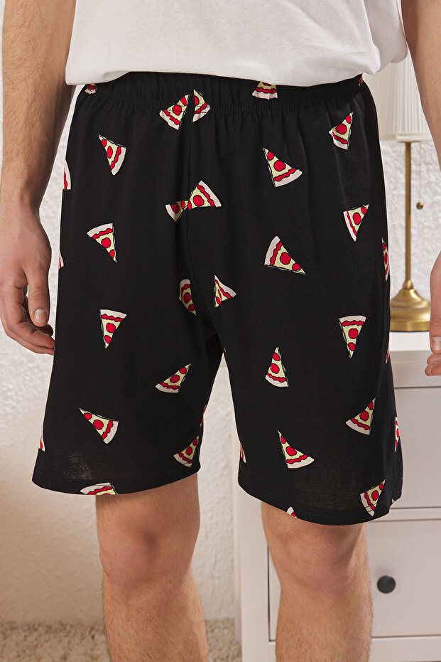 Ekru Siyah Regular Fit Pizza Baskılı %100 Pamuk Couple Örme Erkek Pijama TMNSS25PT00048 Takımı - 4