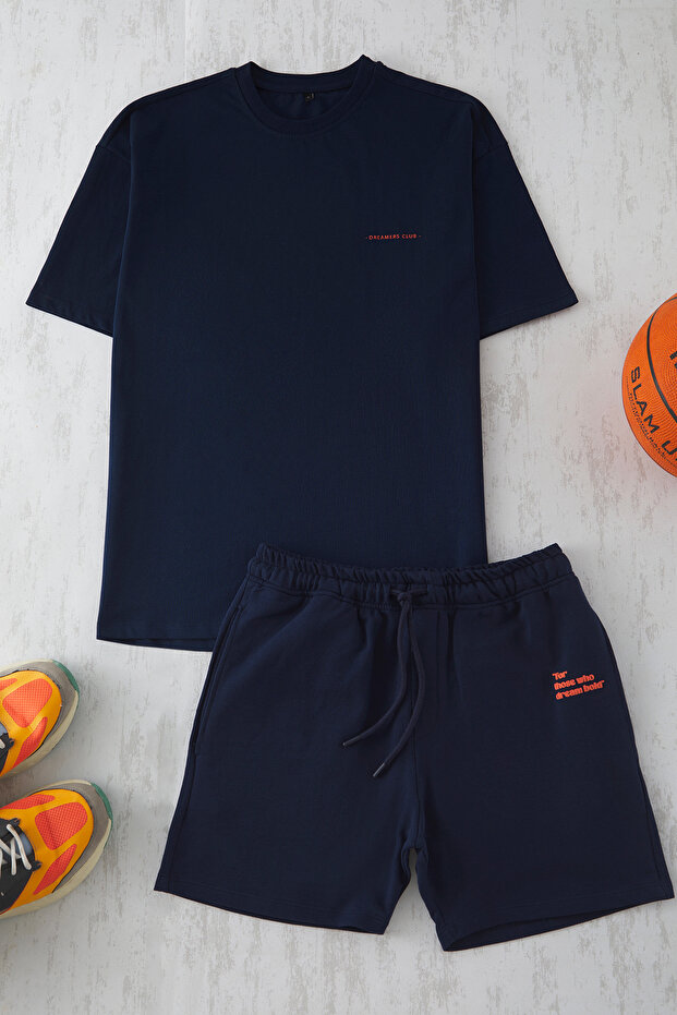 Lacivert Oversize/Geniş Kesim Baskılı Eşofman Takımı TMNSS25EM00009 - 7