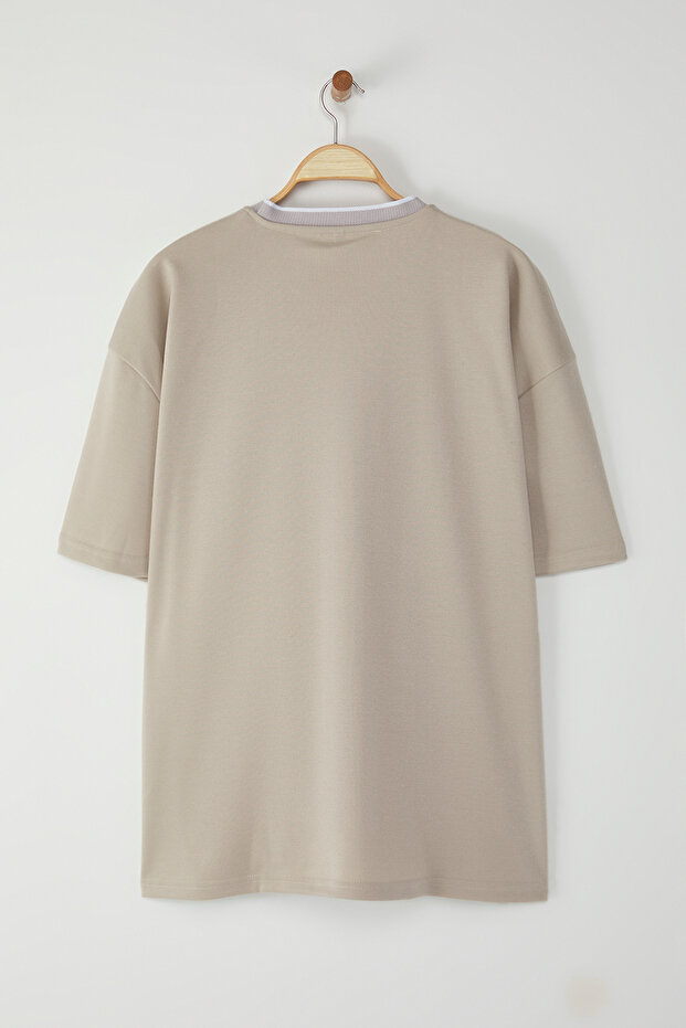Büyük Beden Taş Oversize/Geniş Kesim Triko Bantlı Dokulu Pike T-Shirt TMNSS25BF00021 - 4