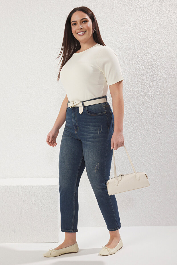 Koyu Mavi Yüksek Bel Destroy Detaylı Esnek Skinny Jeans TBBSS25CJ00011 - 2