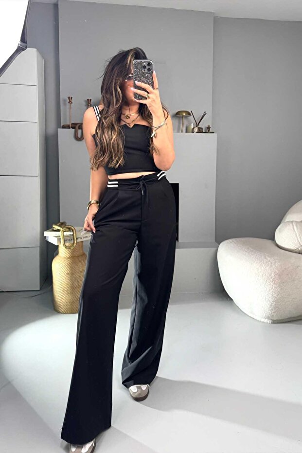 Black Pants - Contrast Stripe and Waist Detail
