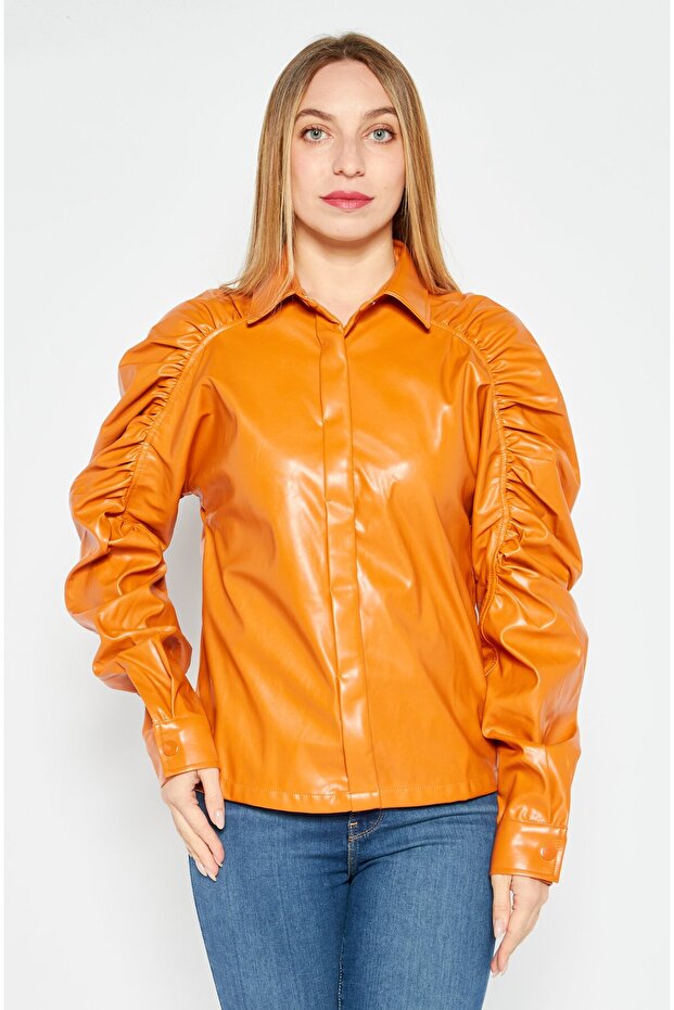 Women Spread Collar Long Sleeve Plain Top, Orange