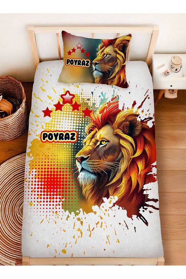 İsme Özel %100 Pamuk 160x230 Tek Kişilik Pike Takımı Aslan - 1