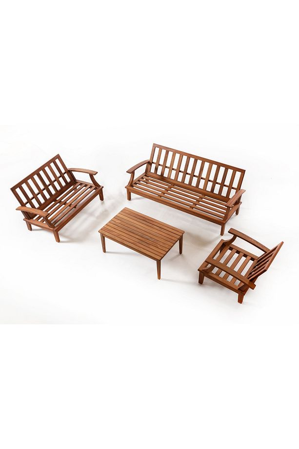 Trend Iroko Ahşap Bahçe - Balkon Oturma Grubu | 3.2.1 + Sehpa ( Krem Minderli ) - 3