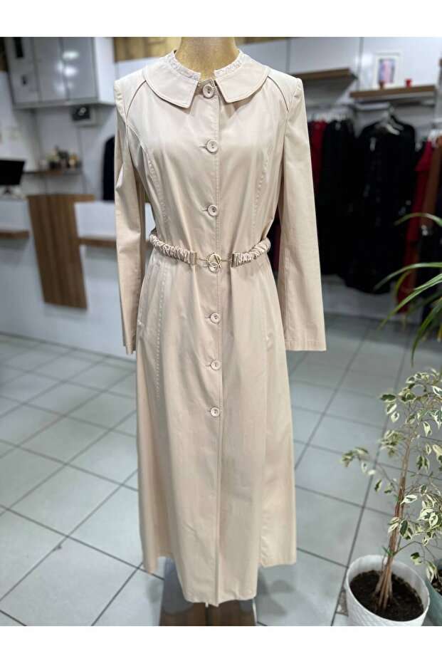 Dantel Detaylı Bej Pardesü - 4