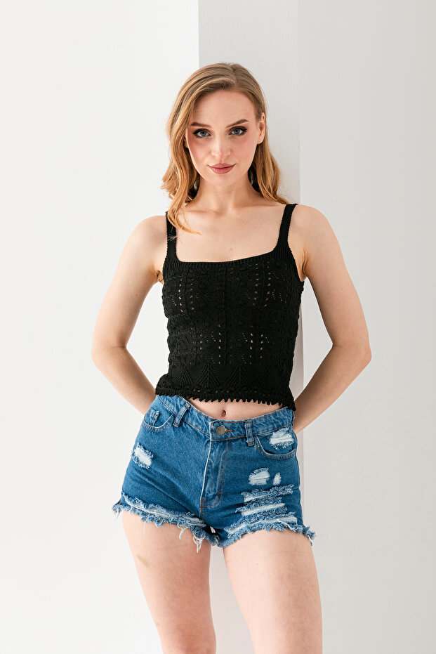 Pompom Patterned Strappy Crop Top, Body, Stylish Comfortable V-Neck Ribbed Sleeveless T-Shirt Crop, Strappy Crop, Top