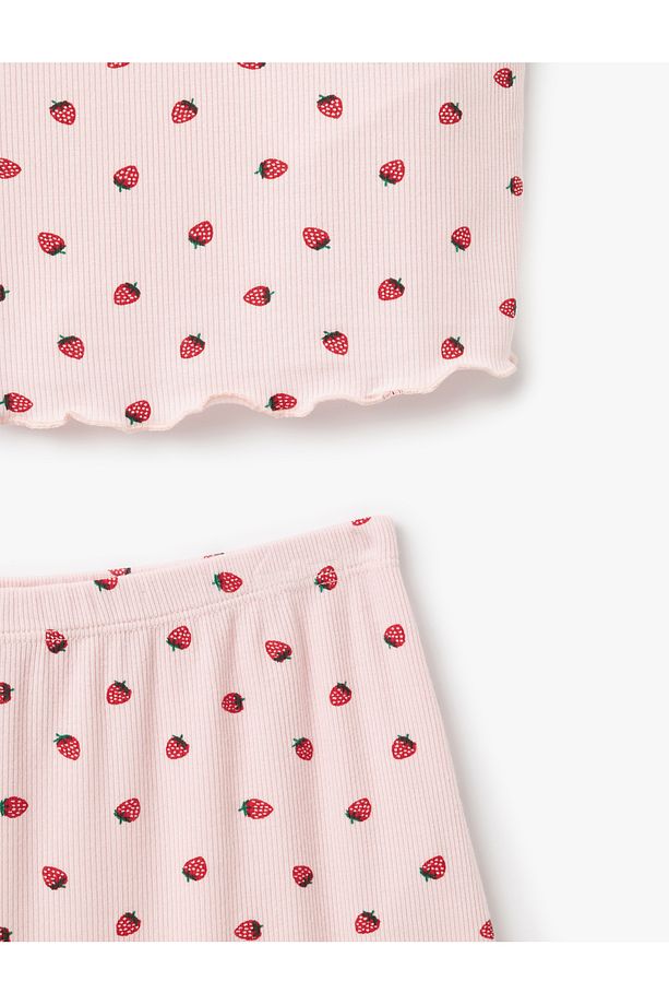 Viskon Kumaş Çilek Baskılı Bisiklet Yaka Kısa Kollu Şortlu Pijama Takımı - 5