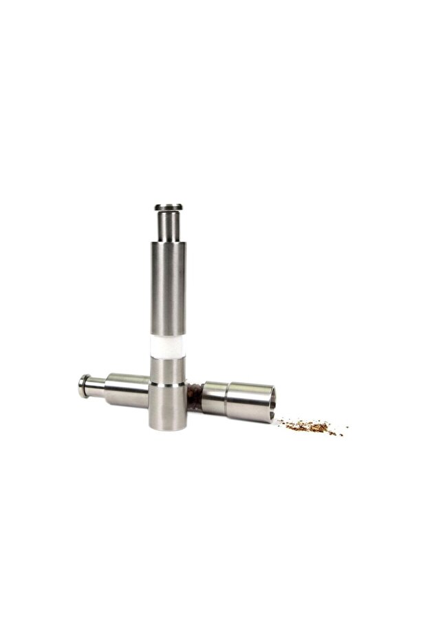 Airstorr Light Grey Stainless Steel Pepper Mill Salt Shaker Grinder Combo Push Button for Travel
