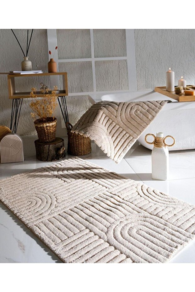 Hcw Line Beige 100% Cotton Babil 2 Piece Bath Mat Set 40*60+60*100 cm