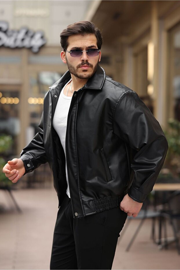 Black Oversize Relaxed Cut Waist Elastic Leather Jacket