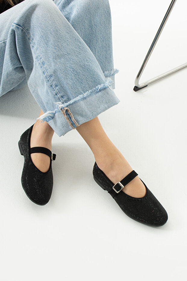 Glitter Round Toe Flat Sole Tape Detailed Stone Daily Use Ballerinas - Black