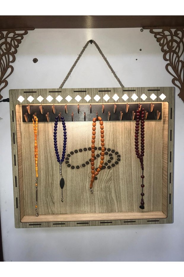 Wooden Prayer Bead Stand, Illuminated Prayer Bead Cabinet, Adapter Included, 23 Hangers (Grey)