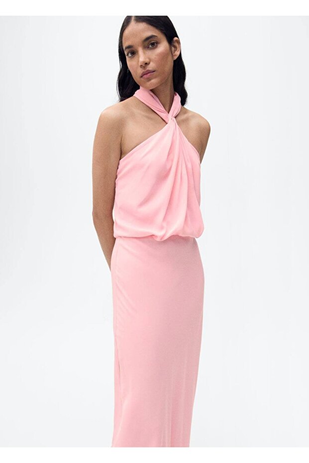 Sırt dekolteli halter yaka elbise - 1