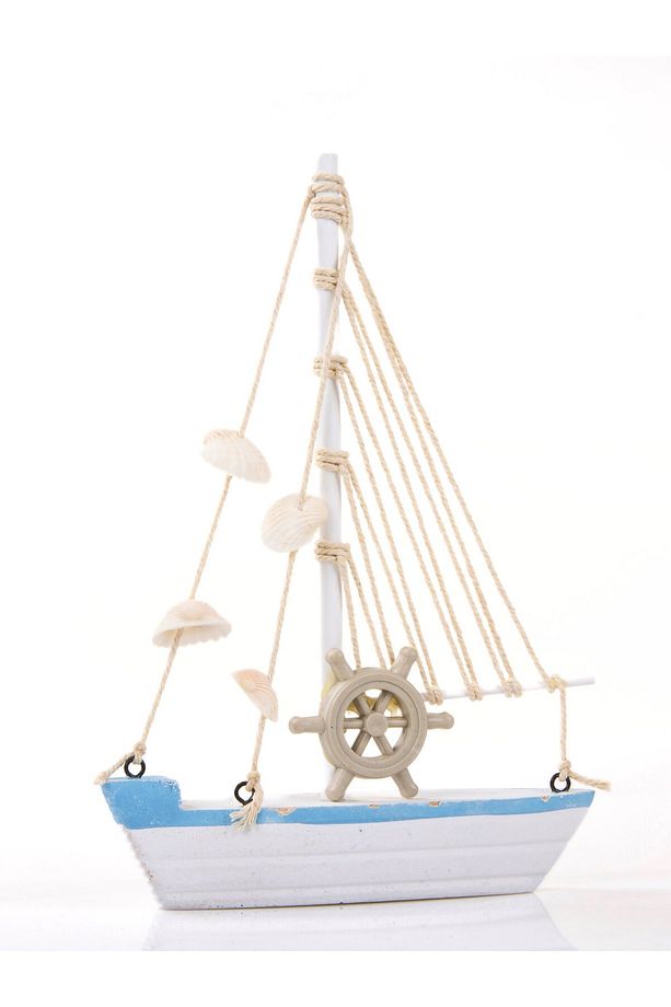 Marin Tekne Deniz Kabuklarıyla Süslenmiş Ahşap Yelkenli Biblo Ofis dekorasyon Tekne 22,5cm x 15cm - 1
