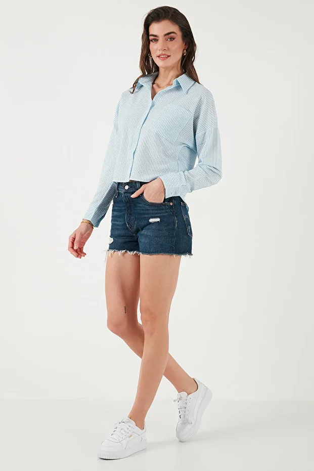 Regular Fit Çizgili Göğüs Cepli Dokulu Gömlek GÖMLEK 6772870 - 5