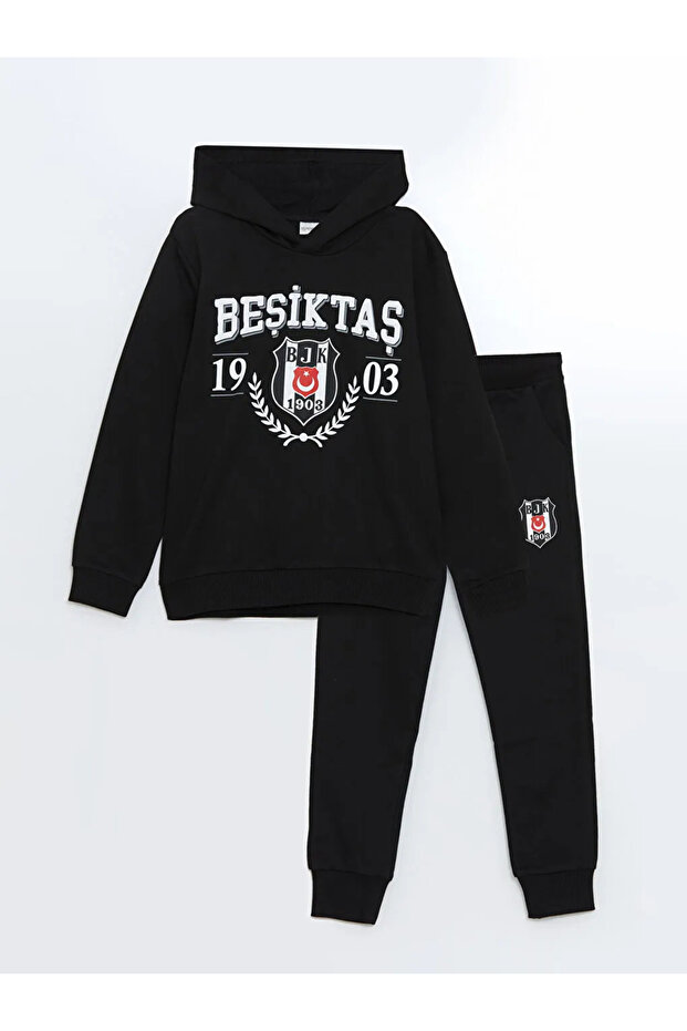 LCW Kids Siyah Kapüşonlu  Baskılı Erkek Çocuk Eşofman Takımı - 1