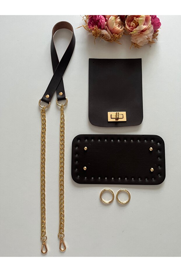 Knitted Bag with Faux Leather Strap, Flap, Base Kit Dark Brown